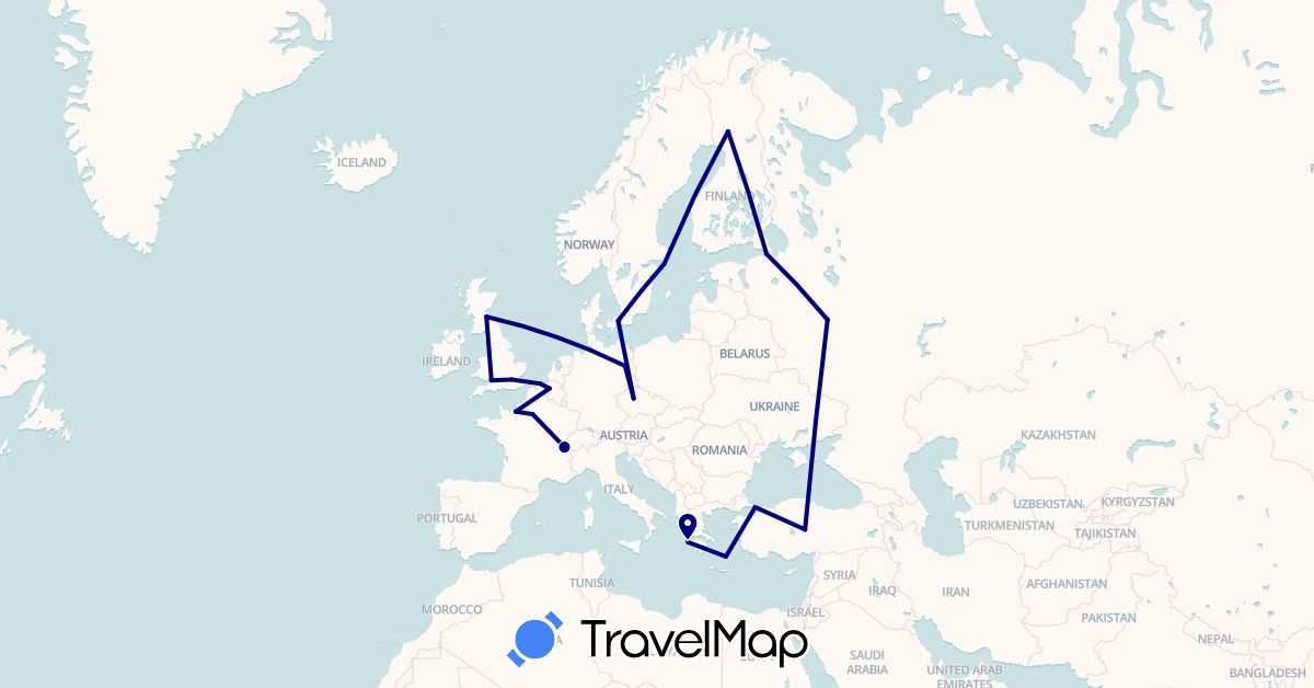 TravelMap itinerary: driving in Belgium, Switzerland, Czech Republic, Germany, Denmark, Finland, France, United Kingdom, Greece, Russia, Sweden, Turkey (Asia, Europe)